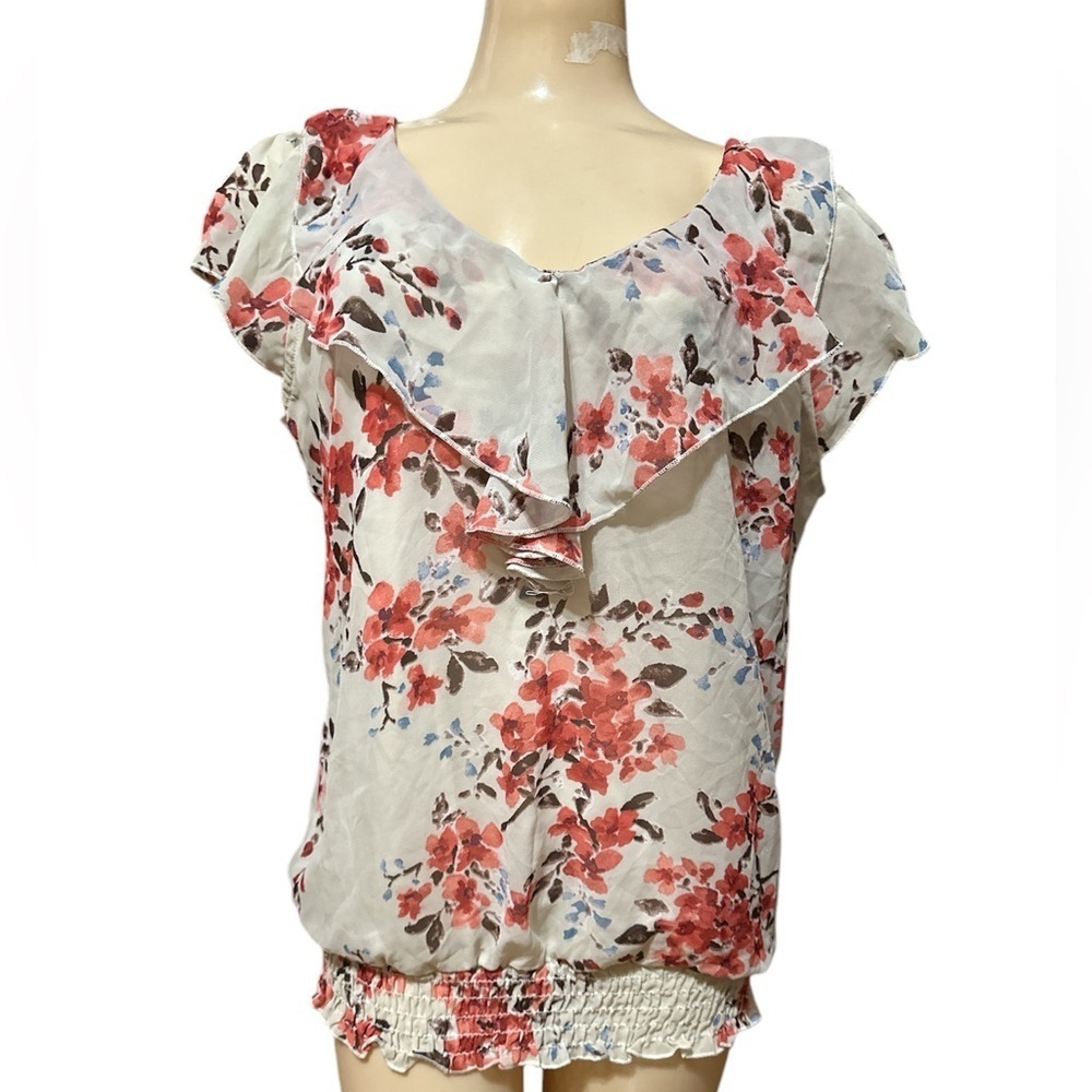 Maurices Floral Ruffle Blouse, Elastic Banded Bottom, Dual Layer, Large